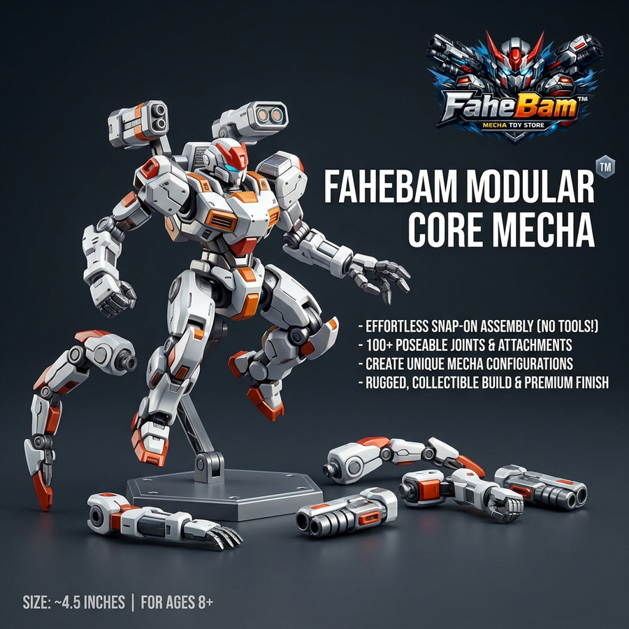 FaheBam™ Modular Core Mecha Action Figure - 4.5" Snap-On Robot Model Kit with 100+ Customizable Joints, Interchangeable Weapons, and Display Stand - Collectible Toy for Kids Ages 8+ & Adults