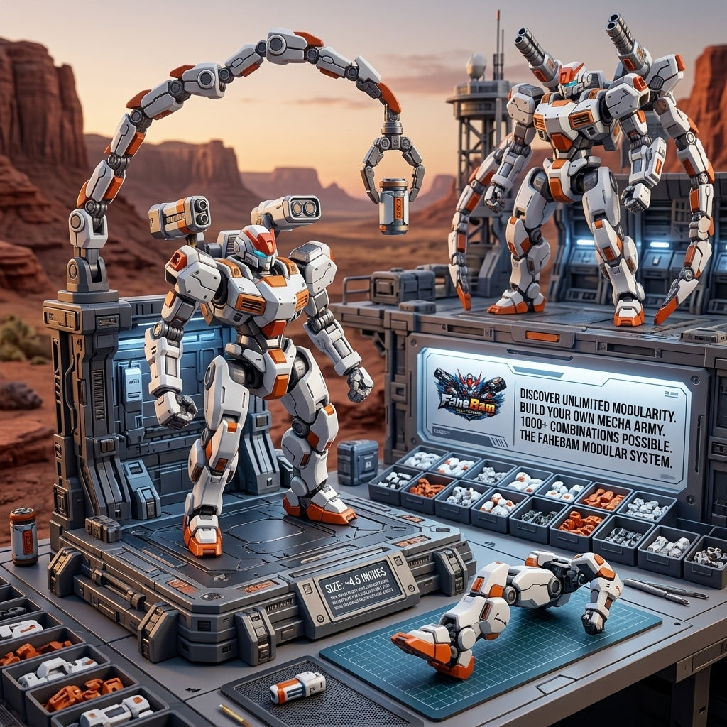 FaheBam™ Modular Core Mecha Action Figure - 4.5" Snap-On Robot Model Kit with 100+ Customizable Joints, Interchangeable Weapons, and Display Stand - Collectible Toy for Kids Ages 8+ & Adults