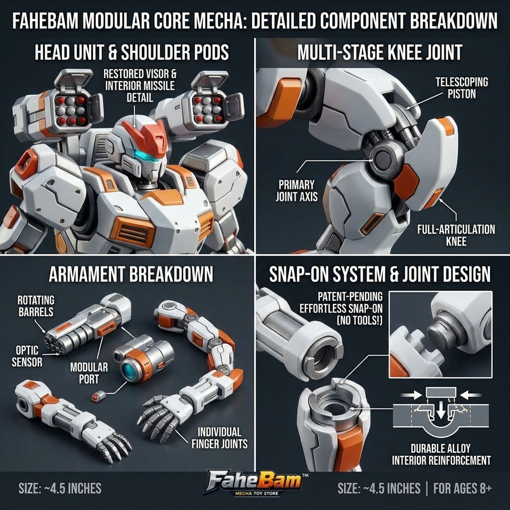 FaheBam™ Modular Core Mecha Action Figure - 4.5" Snap-On Robot Model Kit with 100+ Customizable Joints, Interchangeable Weapons, and Display Stand - Collectible Toy for Kids Ages 8+ & Adults