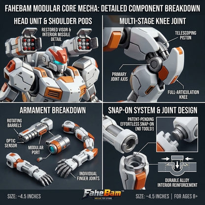 FaheBam™ Modular Core Mecha Action Figure - 4.5" Snap-On Robot Model Kit with 100+ Customizable Joints, Interchangeable Weapons, and Display Stand - Collectible Toy for Kids Ages 8+ & Adults