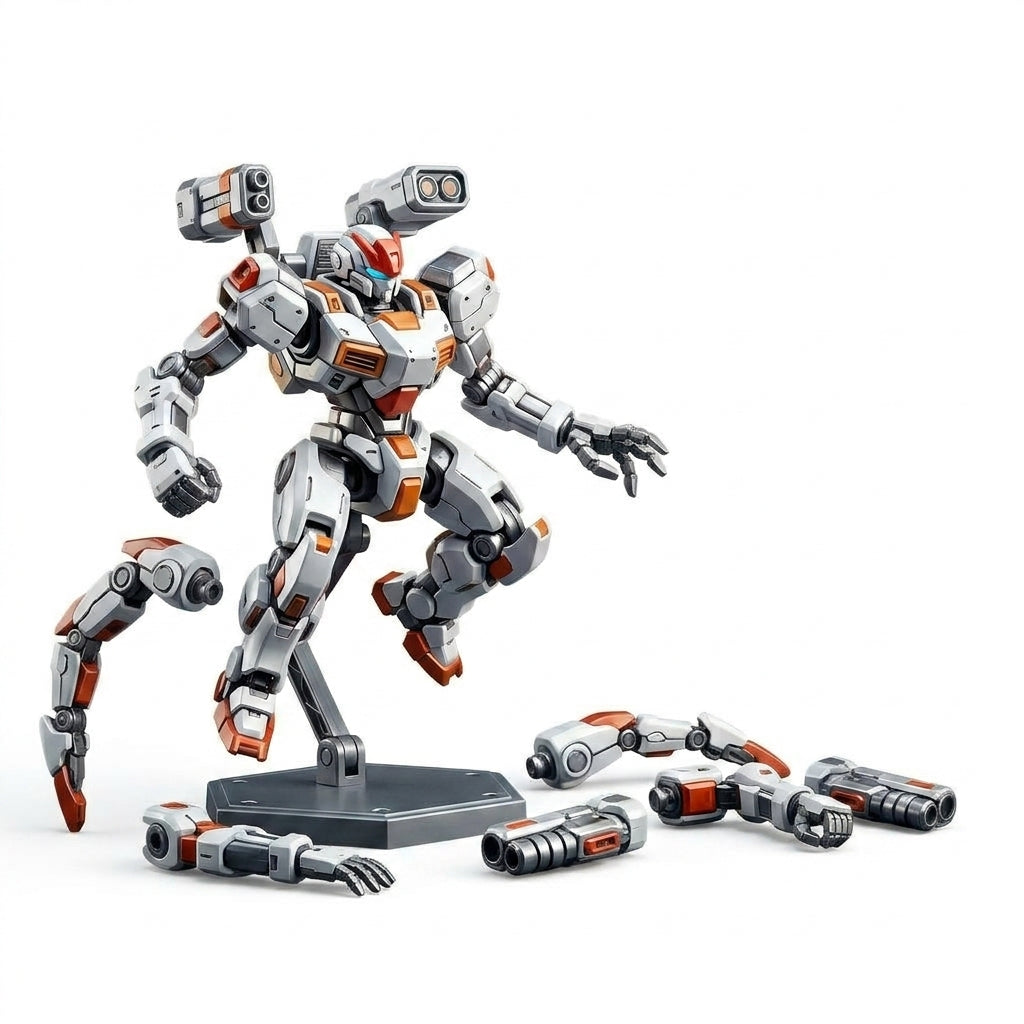 FaheBam™ Modular Core Mecha Action Figure - 4.5" Snap-On Robot Model Kit with 100+ Customizable Joints, Interchangeable Weapons, and Display Stand - Collectible Toy for Kids Ages 8+ & Adults