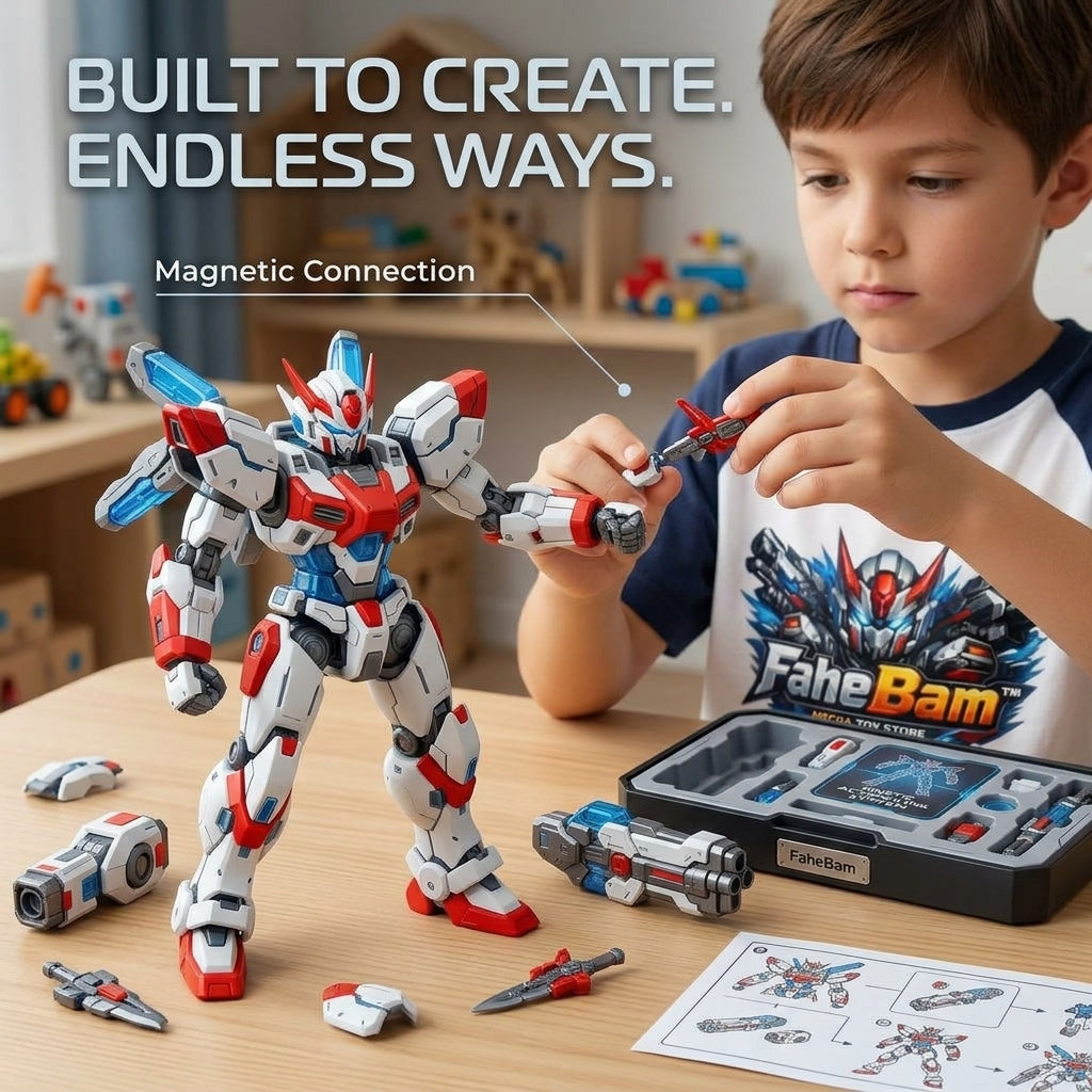 FaheBam™ Magnetic Mech Action Figure Set – Modular Robot Building Toy with Storage Case, Kinetic Action-Link Customizable Sci-Fi Mech Model Kit for Kids & Collectors, Durable ABS