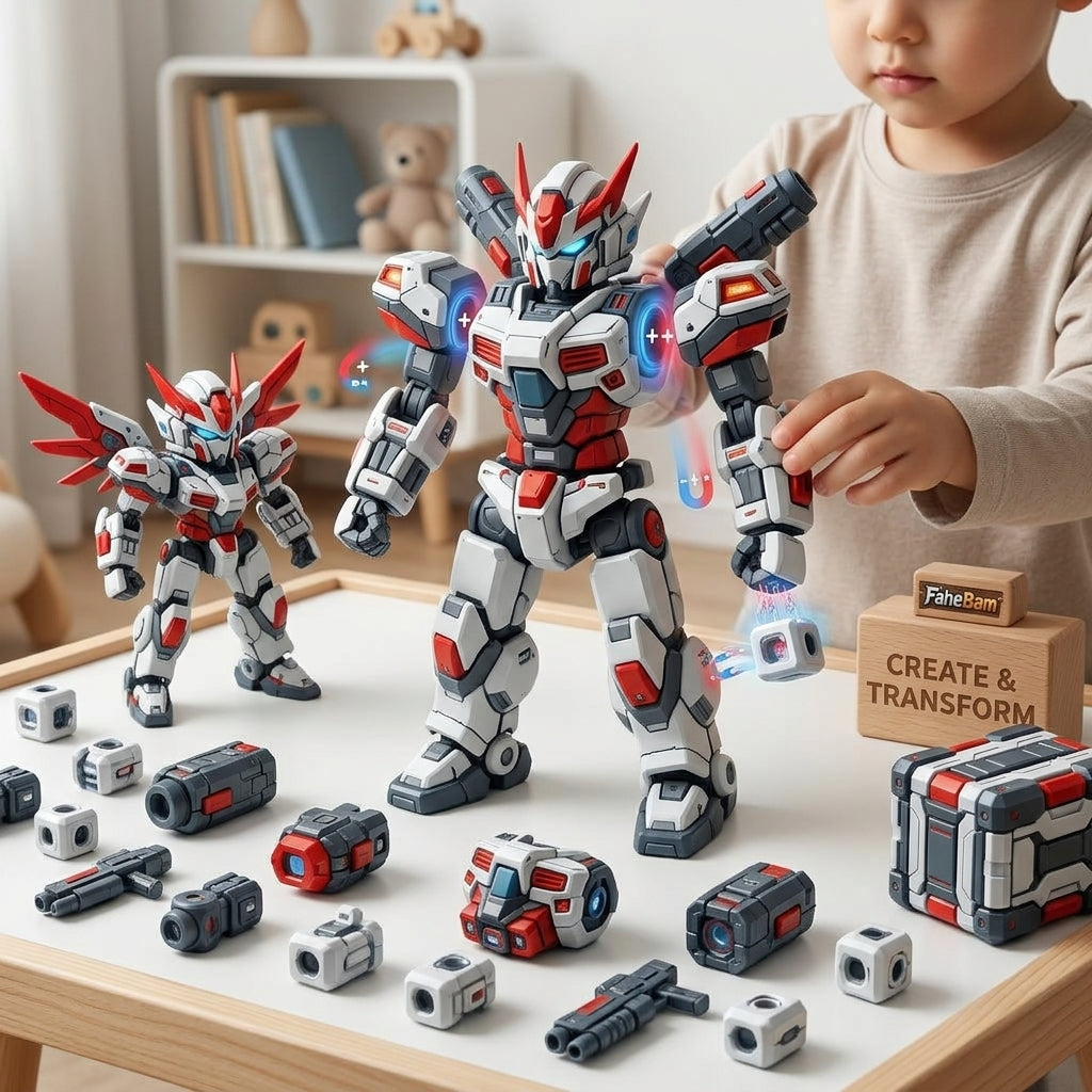 FaheBam™ Magnetic Robot Toy Set - 3D Modular Mecha Action Figure & STEM Building Blocks, Ultra-Strong Magnetic Joints Construction Toy, Travel-Friendly Compact Learning Toy for Kids, Boys & Mecha Fans