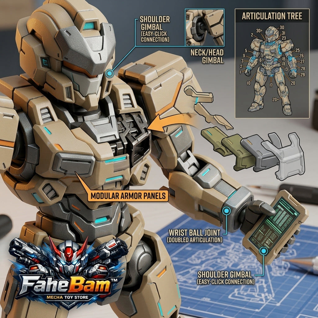 FaheBam™ Desert Vanguard Series 1 Mecha Action Figure - Patented Easy-Click Modular Robot Model Kit with 30+ Articulation Points & Swappable Armor Panels, DIY Sci-Fi Collectible Toy for Teens and Adults