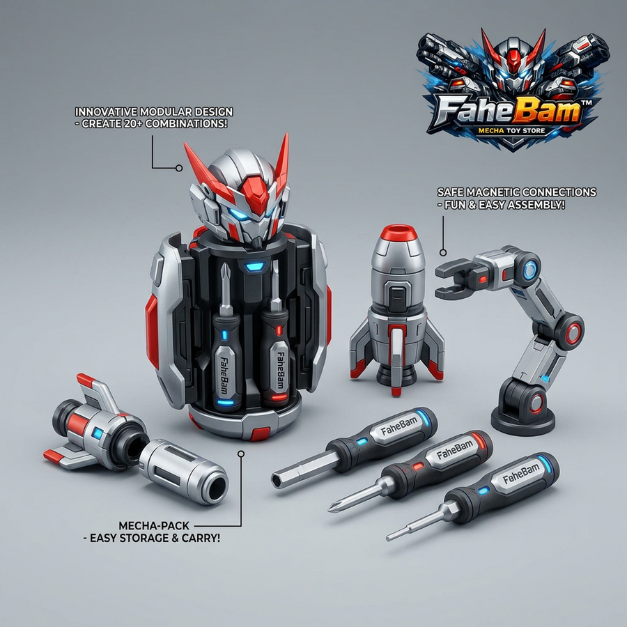 FaheBam™ 3-in-1 Magnetic Mecha Building Toy & Kids Tool Set - STEM DIY Construction Robot with Rocket Boosters, Robotic Arm & Toy Screwdrivers - Creative Modular Assembly Playset for Boys & Girls Ages 5-12
